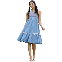 Stylum Women's Blue Solid & Embroidered Italian Crepe Flared Dress