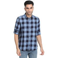 Turtle Men 100% Cotton Indigo Blue Check Slim Fit Casual Shirt