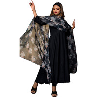 Sugathari Women's Black Floral Print Tiered Midi Fit & Flare Dress With Digital Printed Dupatta (Dress2 112 Black 3Xl)