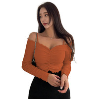 Sugathari Women's Orange Solid Colour Open Cold Off Shoulder Long Sleeve Lettuce Hem Casual Autumn Trim Tight- Slim Fitting Ruched Front Ladies' Camisole Top, Tee, T-Shirt (T-Shirt 184 Rust Orange-S)