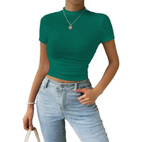 Sugathari Girl's & Women's Green Casual Semitransparent Cropped High-Neck Lace Trim Ladies T-Shirt, Short Sleeve Schiffli Crop Top, Solid Color Tee For Spring/Summer Outfits (Crop Top 199 Green-S)