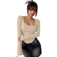 Sugathari Women's Skin Solid Long Sleeve Wrap-Style Square Split Crew Neck Bodycon Women T-Shirt Spring And Summer Top, Minimalist And Fashionable For Everyday Casual Wear Tops (T-Shirt 181 Skin-M)