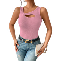 Sugathari Women's Peach Cut Out Asymmetrical Neck Rib Knit Jeans Korean Trendy Tank Western Tops For Women Stylish (T-Shirt 182 Peach-L)