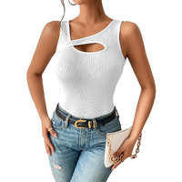 Sugathari Women's White Cut Out Asymmetrical Neck Rib Knit Jeans Korean Trendy Tank Western Tops For Women Stylish (T-Shirt 182 White-Xl)