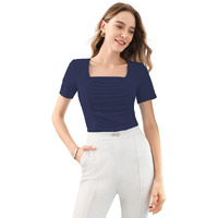 Sugathari Women's & Girl's Navy Blue Solid Knitted Square Neck T-Shirts Short Sleeve Tops (Top 108 N Blue M)