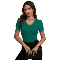 Sugathari Girl's & Women's Green Eyelet Embroidery Knitted V Neck Casual Slim Fit Women T-Shirt, Short Sleeve Schiffli Crop Top, Solid Color Tee For Spring/Summer Outfits (T-Shirts 202 Green-M)