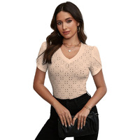 Sugathari Girl's & Women's Beige Eyelet Embroidery Knitted V Neck Casual Slim Fit Women T-Shirt, Short Sleeve Schiffli Crop Top, Solid Color Tee For Spring/Summer Outfits (T-Shirts 202 Beige-L)
