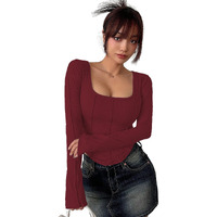 Sugathari Women's Maroon Solid Long Sleeve Wrap-Style Square Split Crew Neck Bodycon Women T-Shirt Spring And Summer, Minimalist And Fashionable For Everyday Casual Wear Tops (T-Shirt 181 Maroon-Xl)