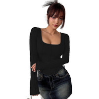 Sugathari Women's Black Solid Long Sleeve Wrap-Style Square Split Crew Neck Bodycon Women T-Shirt Spring And Summer Top, Minimalist And Fashionable For Everyday Casual Wear Tops (T-Shirt 181 Black-L)