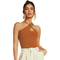 Sugathari Women's Orange Criss Cross Front Ribbed Knit Korean Trendy Tank Western Tops For Women Stylish (T-Shirt 183 Rust Orange-Xs)