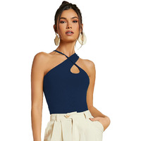 Sugathari Women's Navy Blue Criss Cross Front Ribbed Knit Korean Trendy Tank Western Tops For Women Stylish (T-Shirt 183 N Blue-Xs)
