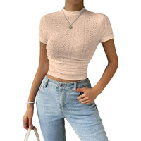Sugathari Girl's & Women's Beige Casual Semitransparent Cropped High-Neck Lace Trim Ladies T-Shirt, Short Sleeve Schiffli Crop Top, Solid Color Tee For Spring/Summer Outfits (Crop Top 199 Beige-L)