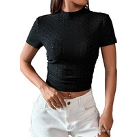 Sugathari Girl's & Women's Black Casual Semitransparent Cropped High-Neck Lace Trim Ladies T-Shirt, Short Sleeve Schiffli Crop Top, Solid Color Tee For Spring/Summer Outfits (Crop Top 199 Black-Xs)