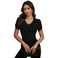 Sugathari Girl's & Women's Black Eyelet Embroidery Knitted V Neck Casual Slim Fit Women T-Shirt, Short Sleeve Schiffli Crop Top, Solid Color Tee For Spring/Summer Outfits (T-Shirts 202 Black-S)