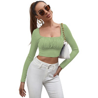 Sugathari Women's & Girl's Pista Solid Knitted Full Sleeve Scoop Neck Ruched Bust Crop Tee Tops (Top3 107 Pista M)