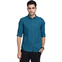 Turtle Men Cotton Lyocell Teal Blue Solid Slim Fit Casual Shirts