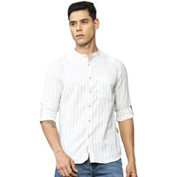 Thomas Scott Men Band Collar Full Sleeves Stripes Slim Fit Casual Shirt (Pista, Xl)