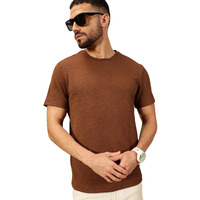 Thomas Scott Men Textured Round Neck Half Sleeves Regular Fit Tshirt (Tsst05_Coffeebrown, L) Coffee Brown