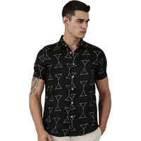 Thomas Scott Mens Slim Fit Half Sleeves Printed Polyester Casual Shirt (Ts1711_Black, S)