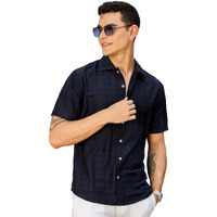 Thomas Scott Men | Short Sleeves | Vertical Stripes Printed | Nylon Rayon | Spread Collar | Casual Shirt(Ts1738_Navy_L)