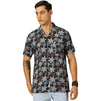 Thomas Scott Men Cotton Rayon Half Sleeves Cuban Collar Printed Casual Shirt (Navy Blue, S)