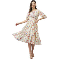 Toochki Women's White Georgette Polka Dot Tiered Western Midi Length A Line Kurti Suitable In Summer Wear Western Latest Trendy Midi Kurti