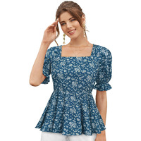 Toochki Women's Teal Muslin Floral Peplum Western Top | Winter Top | Western Top | Top For Women | Latest Women Top | Trendy Women Top