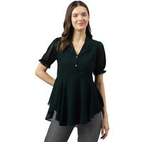 Toochki Bottle Green Georgette Solid Flared Top For Summer Latest Trending Style