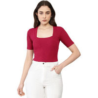 Shasmi Women's & Girl's Wine Solid Knitted Square Neck T-Shirts Short Sleeve Tops (T-Shirt 106 Wine Xl)