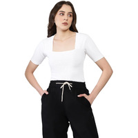 Shasmi Women's & Girl's White Solid Knitted Square Neck T-Shirts Short Sleeve Tops (T-Shirt 106 White L)