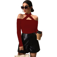 Shasmi Women's & Girl's Solid Criss Cross Halter Neck Tee Off-Shoulder T-Shirts Full Sleeve Tops (Top 63 Maroon M)