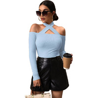 Shasmi Women's & Girl's Solid Criss Cross Halter Neck Tee Off-Shoulder T-Shirts Full Sleeve Tops (Top 63 Sky Blue S)