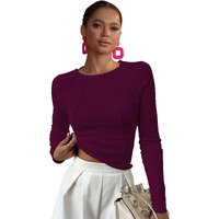 Shasmi Women's Elegant Solid Wine Solid Color Split Bust Long Sleeved Round Neck New Spring And Summer Plain Everyday Matching T-Shirt Top (Top 179 Wine-Xl)