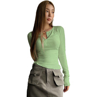 Shasmi Women's & Girl's Light Green Long Sleeve Round Neck Solid Color Ruched Workwear Casual Top Half Button Down Henley T-Shirt For Women (Top 128 Light Green-M)