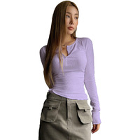 Shasmi Women's & Girl's Light Purple Long Sleeve Round Neck Solid Color Ruched Workwear Casual Top Half Button Down Henley T-Shirt For Women (Top 128 Light Purple-L)