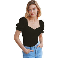 Shasmi Women's & Girls' Solid Sweet Heart Neck Slim Fit Simplicity Tops (Top 50 Black L)