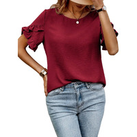 Sugathari Elegant Top, Women's Solid Petal Sleeve Round Neck Ruffle Trim Top Ii Tops For Women/Girls (Top 118 Maroon-S)