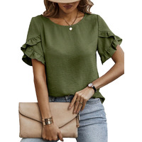 Sugathari Elegant Top, Women's Solid Petal Sleeve Round Neck Ruffle Trim Top Ii Tops For Women/Girls (Top 118 Mehandi-Xl)