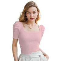 Avanova Women's & Girls' Solid Ribbed Boat Neck Puff Sleeves Tops For Women (Top 27 Peach M)