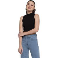 Avanova Women's & Girls' Solid Ribbed High Neck Sleeveless Crop Tops For Women (Top 37 Black M)