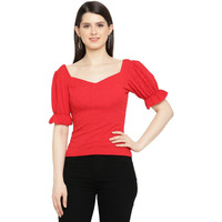 Avanova Women's & Girl's Solid Ribbed Sweetheart Neck Puff Sleeves Tops For Women (Top 50 Red L)
