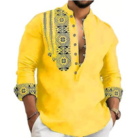 Deelmo Mens Cotton Blend Mandarin Collar Regular Fit Full Sleeve Casual Short Kurta, Xx-Large, Yellow