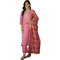 Naixa Womens Cotton Blend Embroidered Straight Kurta With Pant And Dupatta Sets For Wedding Party And Festival Wear (Nx-768-Pink-M)