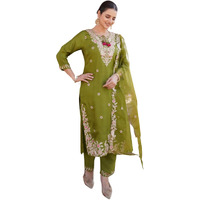 Naixa Womens Rayon Embroidered Straight Kurta With Pant And Dupatta Sets (Nx-741-Mahendi-M)