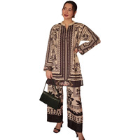 Modestouze Attires Turkish Cord Set For Women Stylish - Poly Rayon Long Sleeves Co Ord Set Mandarin Neck Floral Print Western Co Order Sets For Womens Wear As Office Coat, Travel Coord Black