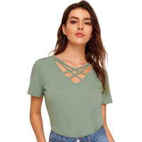 Fabricorn Plain Stylish Sage Green Cross V-Neck Cotton Tshirt For Women (Sage Green, Xx-Large)