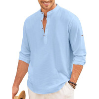 Macsivo Mens Casual Cotton Polyester Blend Long Sleeve Henley Short Kurta | Lightweight Summer Kurta Sky