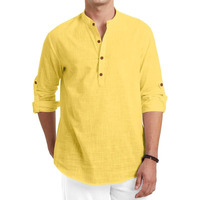 Macsivo Mens Cotton Polyester Blend Solid Regular Fit Full Sleeve Short Kurta | Lightweight Summer Short Kurta Yellow