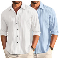 Deelmo Combo Of Mens Casual Button Down Shirts Long Sleeve Linen Shirt Fashion Textured Summer Shirts Pack Of 2 White - Sky Blue