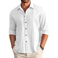 Finivo Fashion Mens Casual Cotton Plain Button Down Shirt Long Sleeve Textured Summer Beach Shirt For Men White